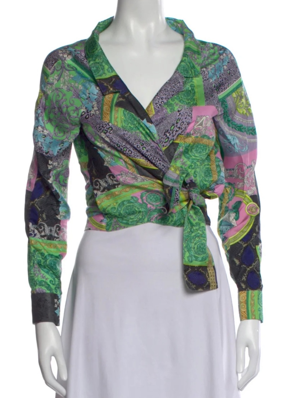 Versace Multicolor Paisley Wrap Blouse in Green, Pink & Blue